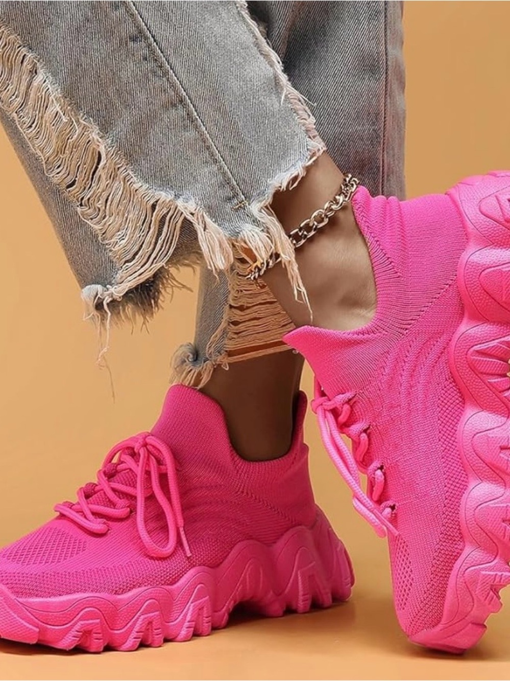 Amazon Women's  casual Bright Pink Chunky Knit Sneakers size 11 - Picture 12 of 14